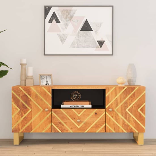 Read more about Sarlat mangowood tv stand 2 doors 1 drawer in brown and black