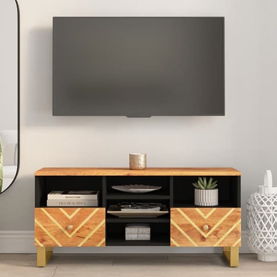 Read more about Sarlat mangowood tv stand 2 drawers 4 shelves in brown and black