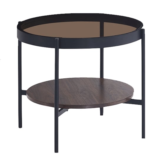 Read more about Sarnia glass coffee table small in brown with dark walnut shelf