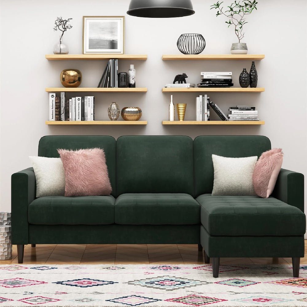 Read more about Sarnia velvet reversible corner sofa with black legs in green