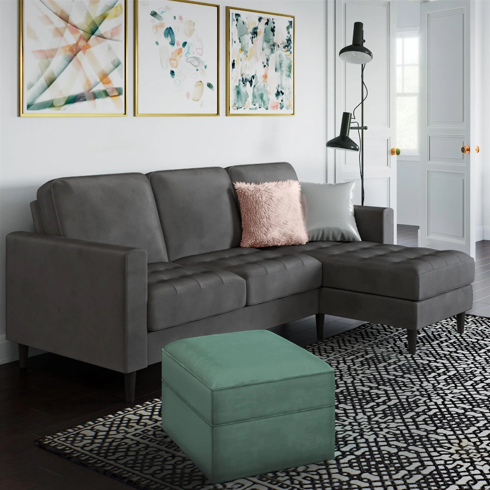 Read more about Sarnia velvet reversible corner sofa with black legs in grey