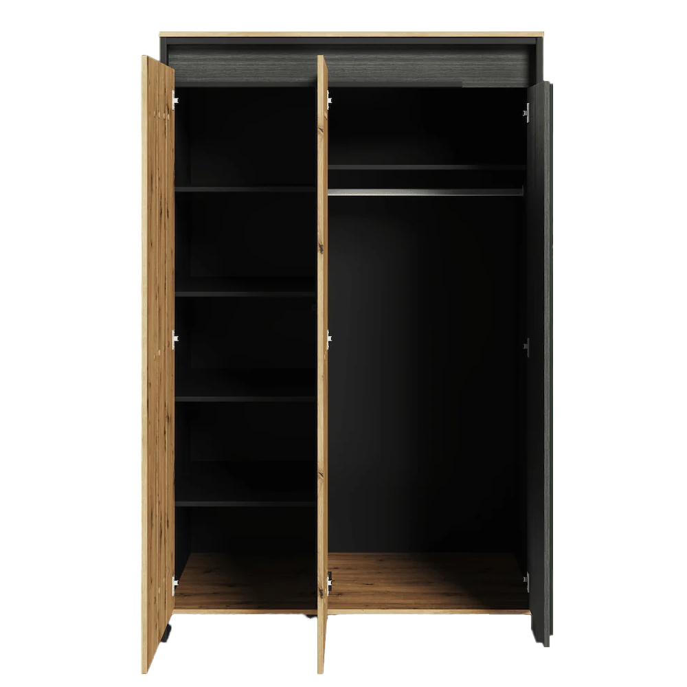 Sarnia Wooden Wardrobe With 3 Doors In Artisan Oak And Matt Black