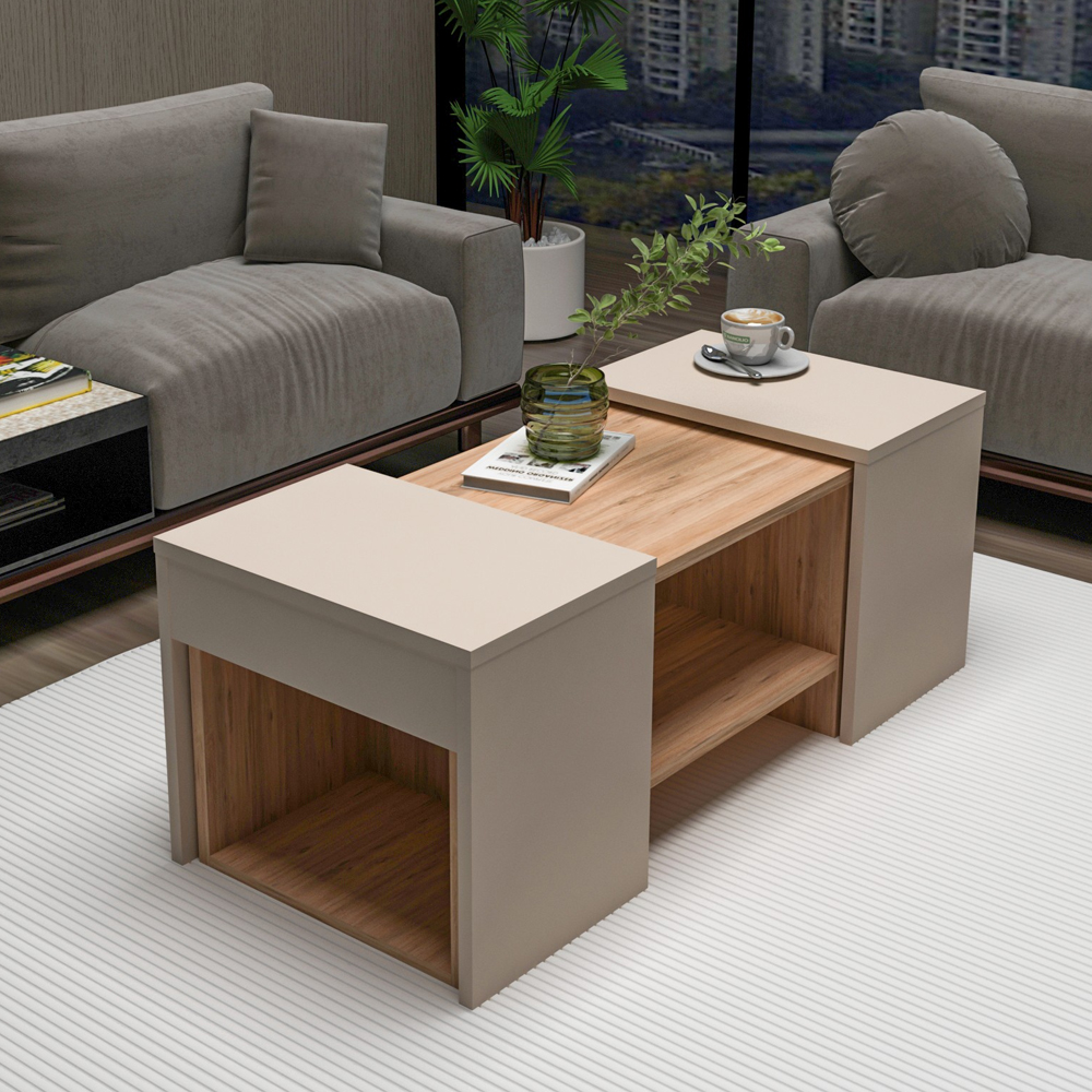 Sartos Wooden Coffee Table Set in Atlantic Pine and Beige