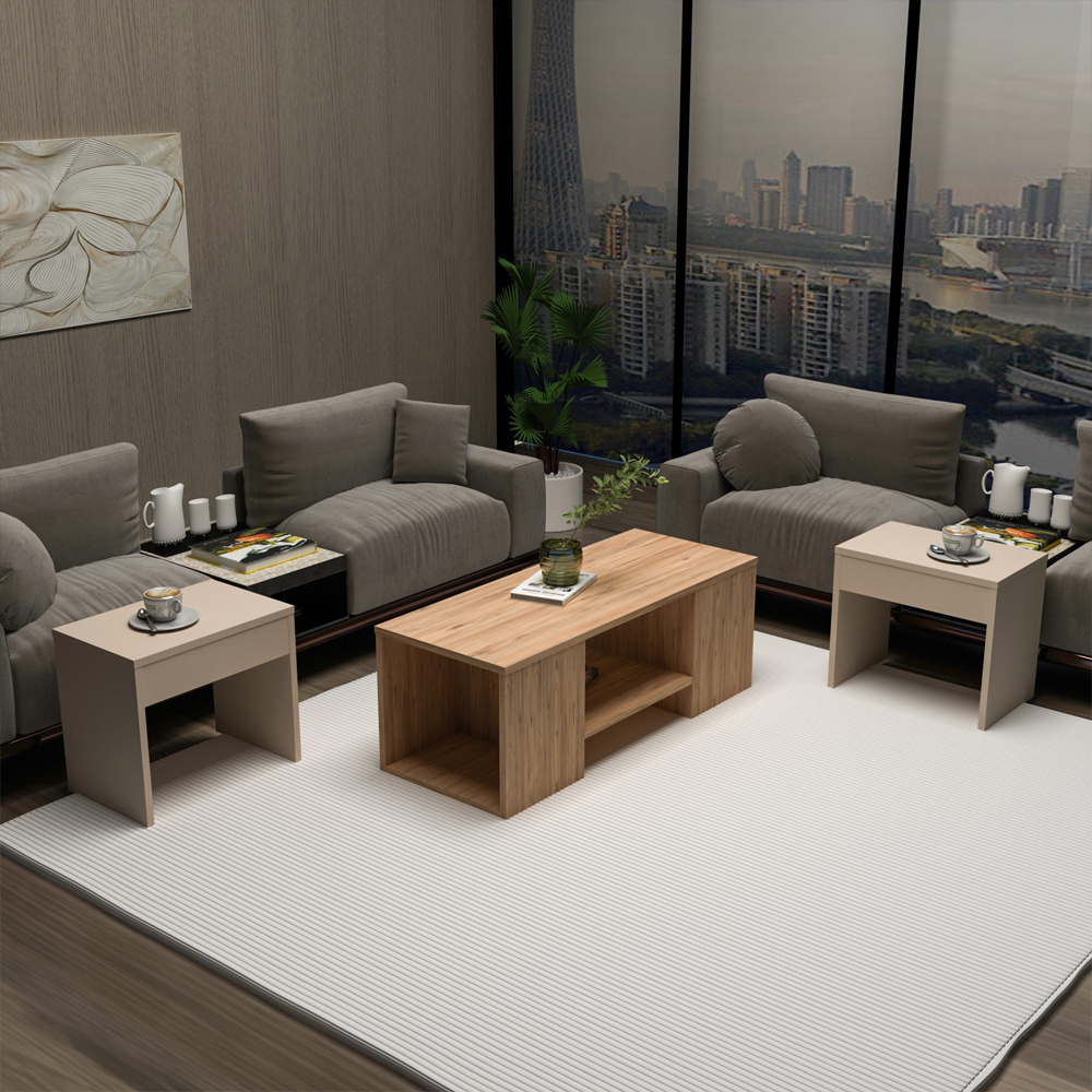Sartos Wooden Coffee Table Set in Atlantic Pine and Beige