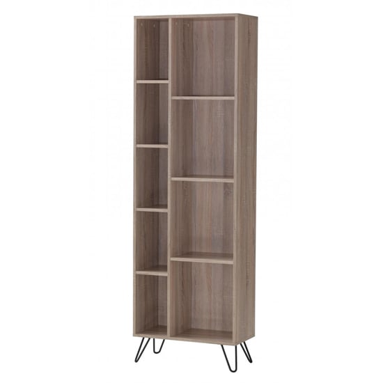 Photo of Sarva wooden bookcase narrow with black metal legs in oak