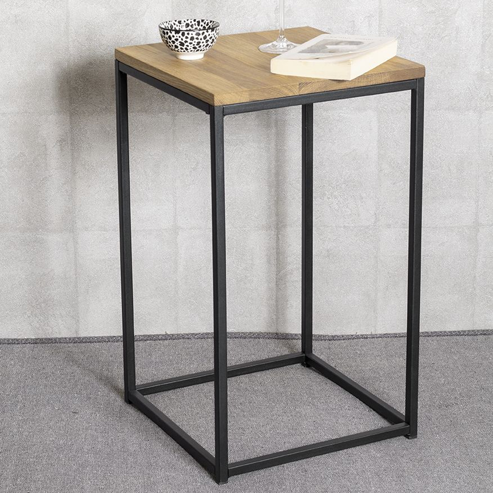 Saskatoon Wooden End Table With Black Metal Frame In Oak