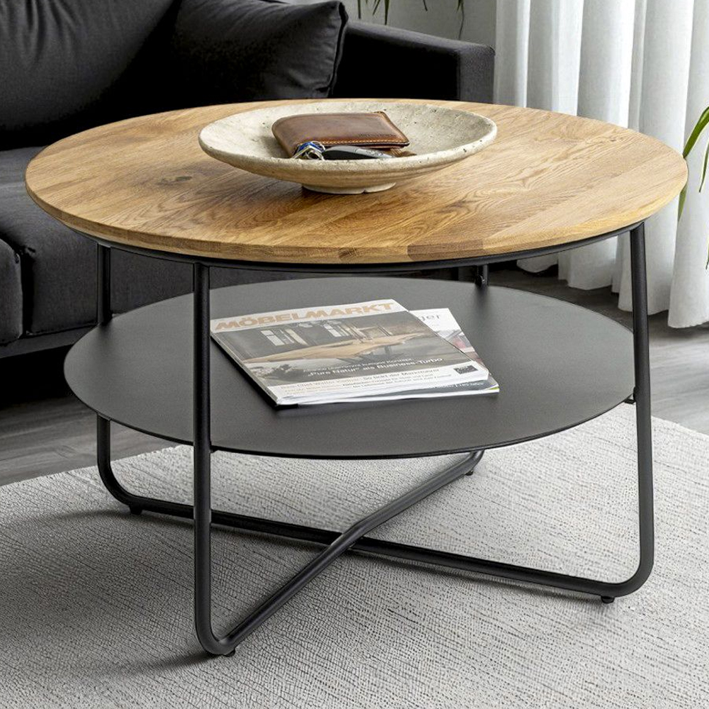 Saskatoon Wooden Round Coffee Table In Oak And Black