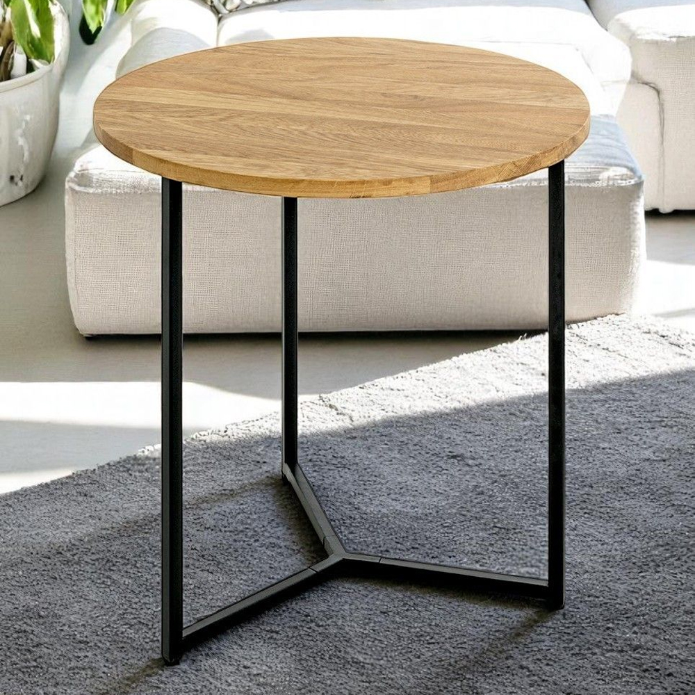 Saskatoon Wooden Round End Table With Black Metal Frame In Oak
