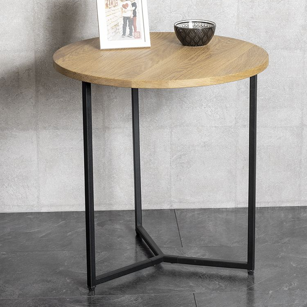 Saskatoon Wooden Round End Table With Black Metal Frame In Oak