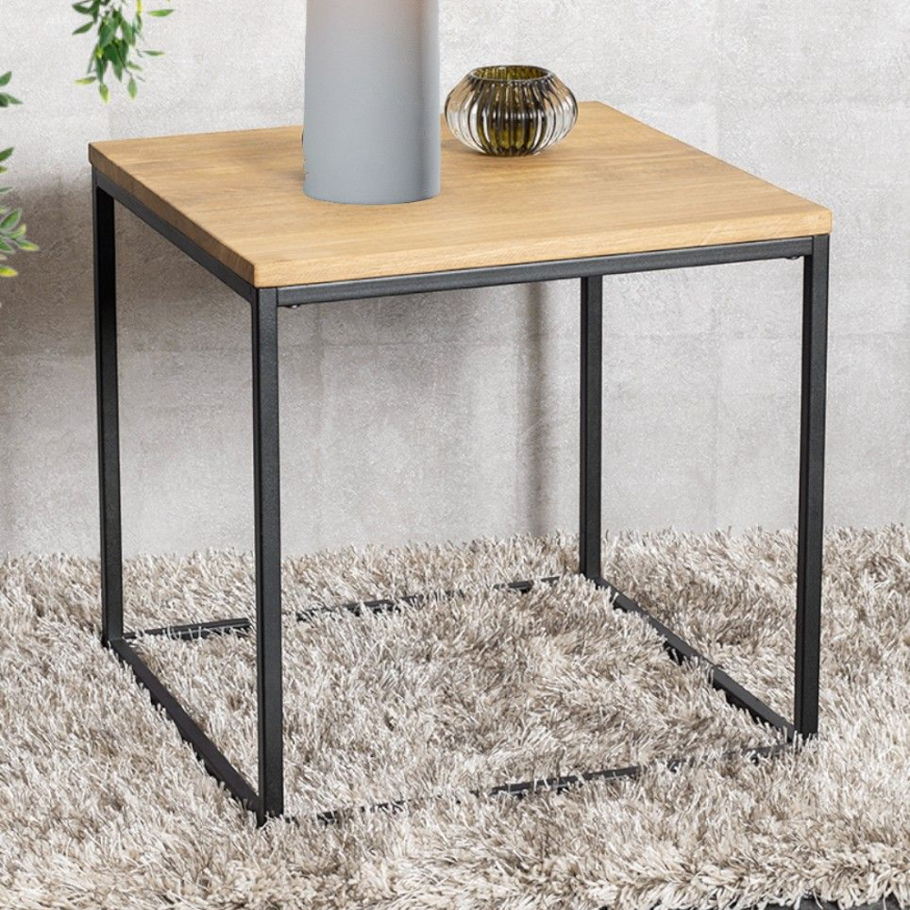 Saskatoon Wooden Square End Table With Black Metal Frame In Oak