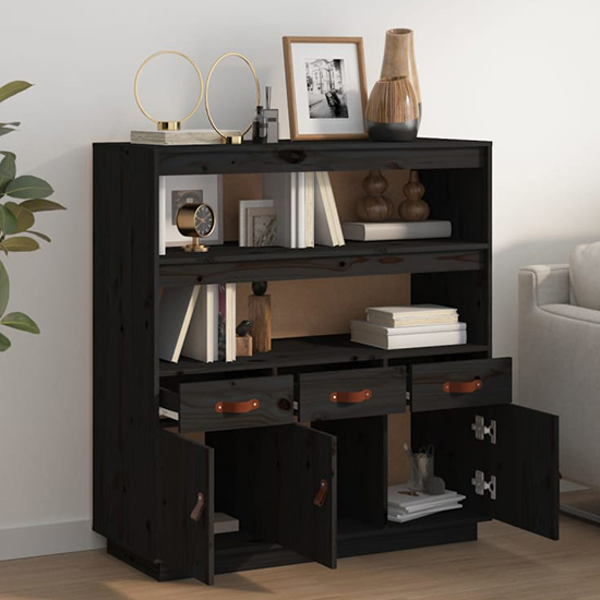 Satha Pinewood Highboard With 3 Doors 3 Drawers In Black_2