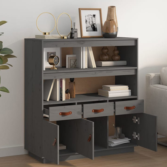 Satha Pinewood Highboard With 3 Doors 3 Drawers In Grey