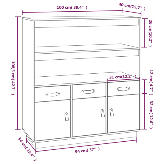 Satha Pinewood Highboard With 3 Doors 3 Drawers In Grey