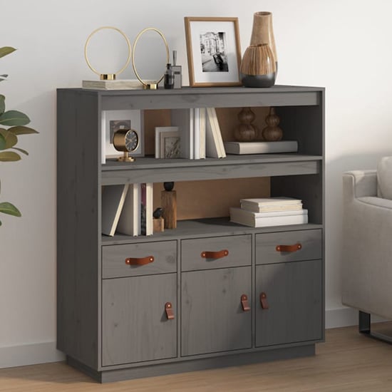 Satha Pinewood Highboard With 3 Doors 3 Drawers In Grey