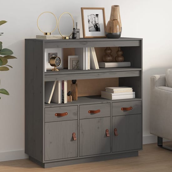 Product photograph of Satha Pinewood Highboard With 3 Doors 3 Drawers In Grey from Furniture in Fashion