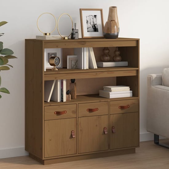 Product photograph of Satha Pinewood Highboard With 3 Doors 3 Drawers In Honey Brown from Furniture in Fashion