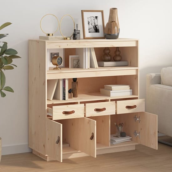 Satha Pinewood Highboard With 3 Doors 3 Drawers In Natural_2