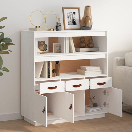 Satha Pinewood Highboard With 3 Doors 3 Drawers In White_2