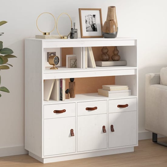 Photo of Satha pinewood highboard with 3 doors 3 drawers in white