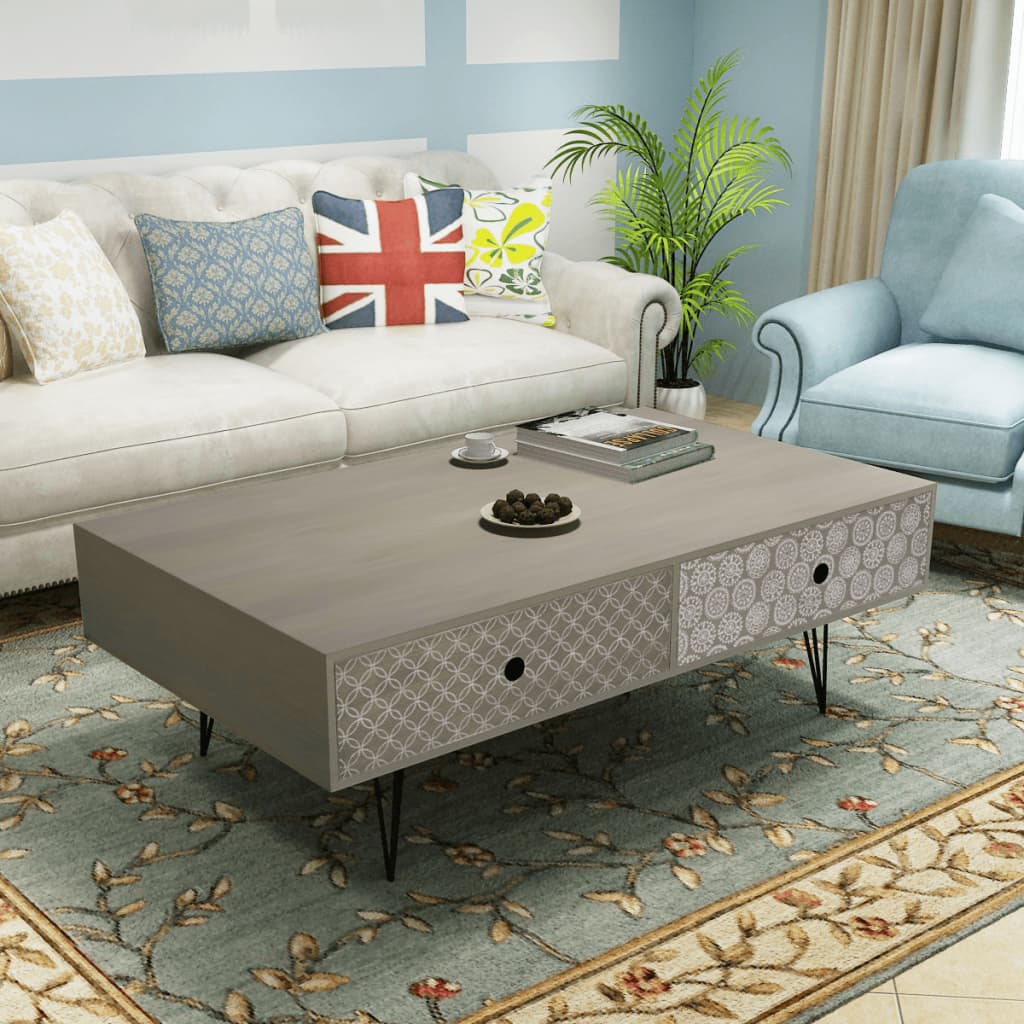 Read more about Satria wooden coffee table with 4 drawers in grey patterns