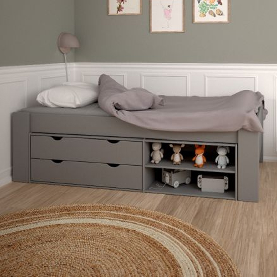 Satria Kids Wooden Single Bed With Storage Guest Bed In Grey