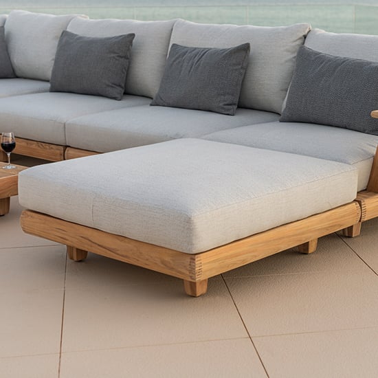 Read more about Sauchie fabric garden ottoman with teak wooden base in light grey
