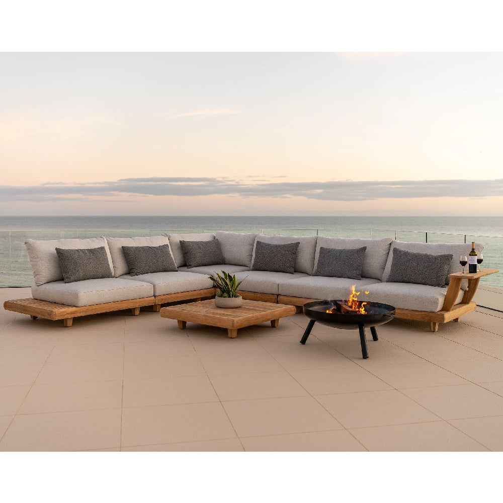 Product photograph of Sauchie Outdoor Lounger Set With Coffee Table In Teak And Grey from Furniture in Fashion