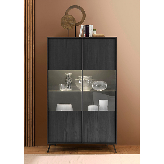 Product photograph of Saul Wooden Display Cabinet In Black Ash With 2 Doors And Led from Furniture in Fashion