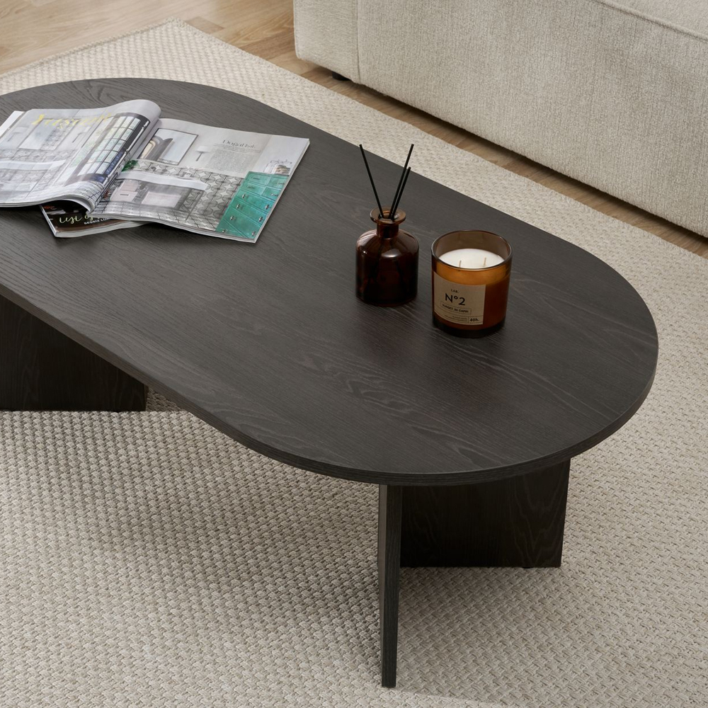 Savelio Oval Wooden Coffee Table in Lumiere Black