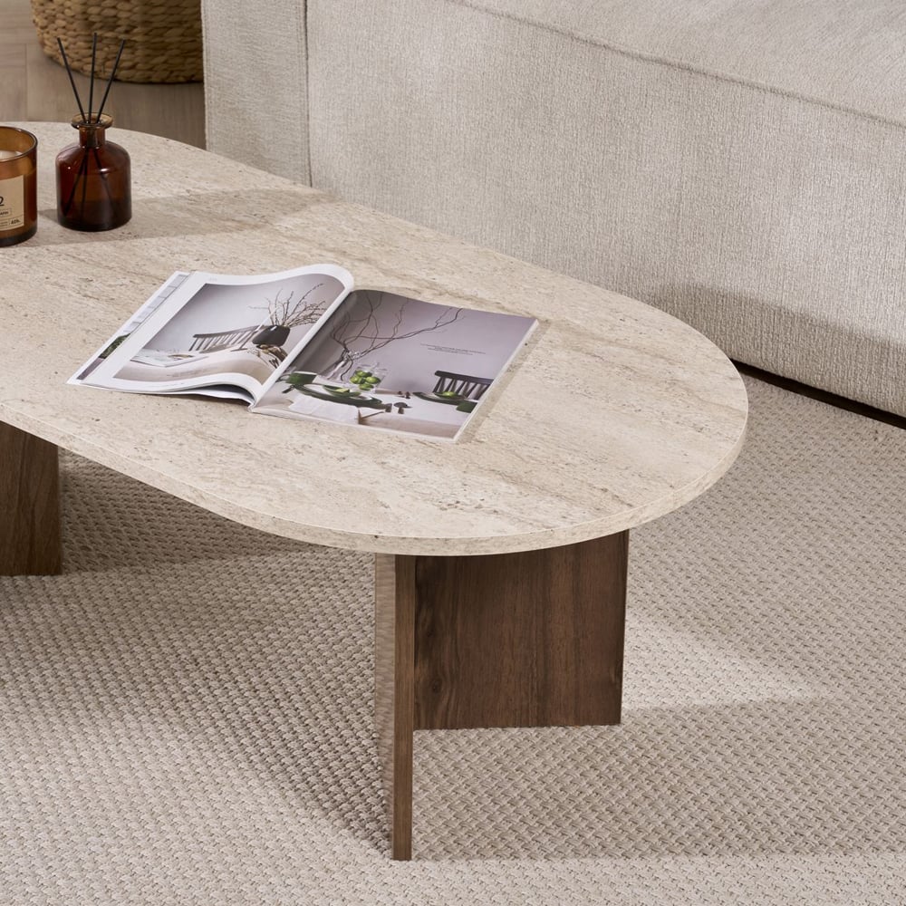 Savelio Oval Wooden Coffee Table in Travertine Marble Effect and Walnut