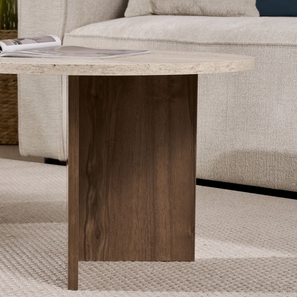Savelio Oval Wooden Coffee Table in Travertine Marble Effect and Walnut