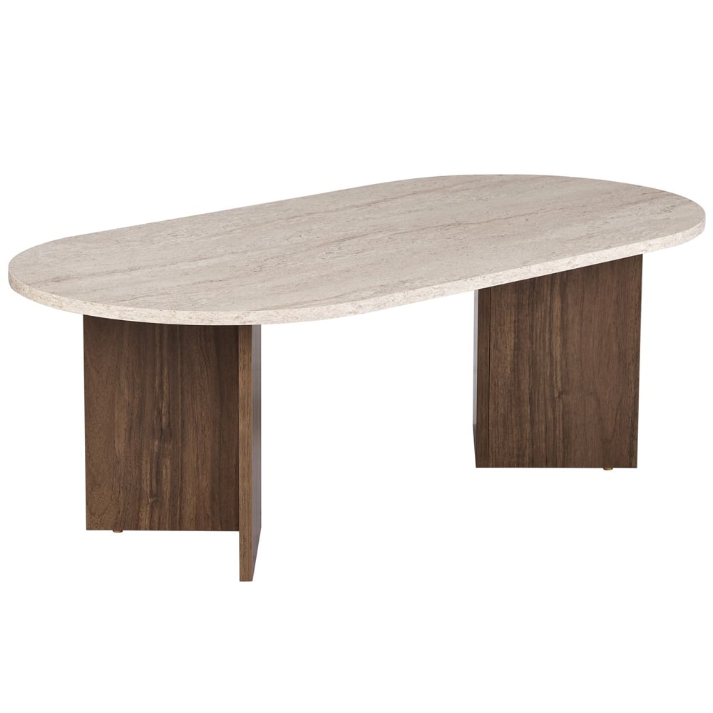 Savelio Oval Wooden Coffee Table in Travertine Marble Effect and Walnut
