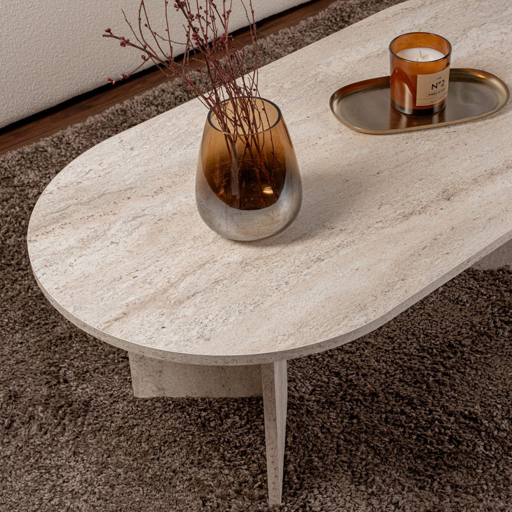 Savelio Oval Wooden Coffee Table in Travertine Marble Effect