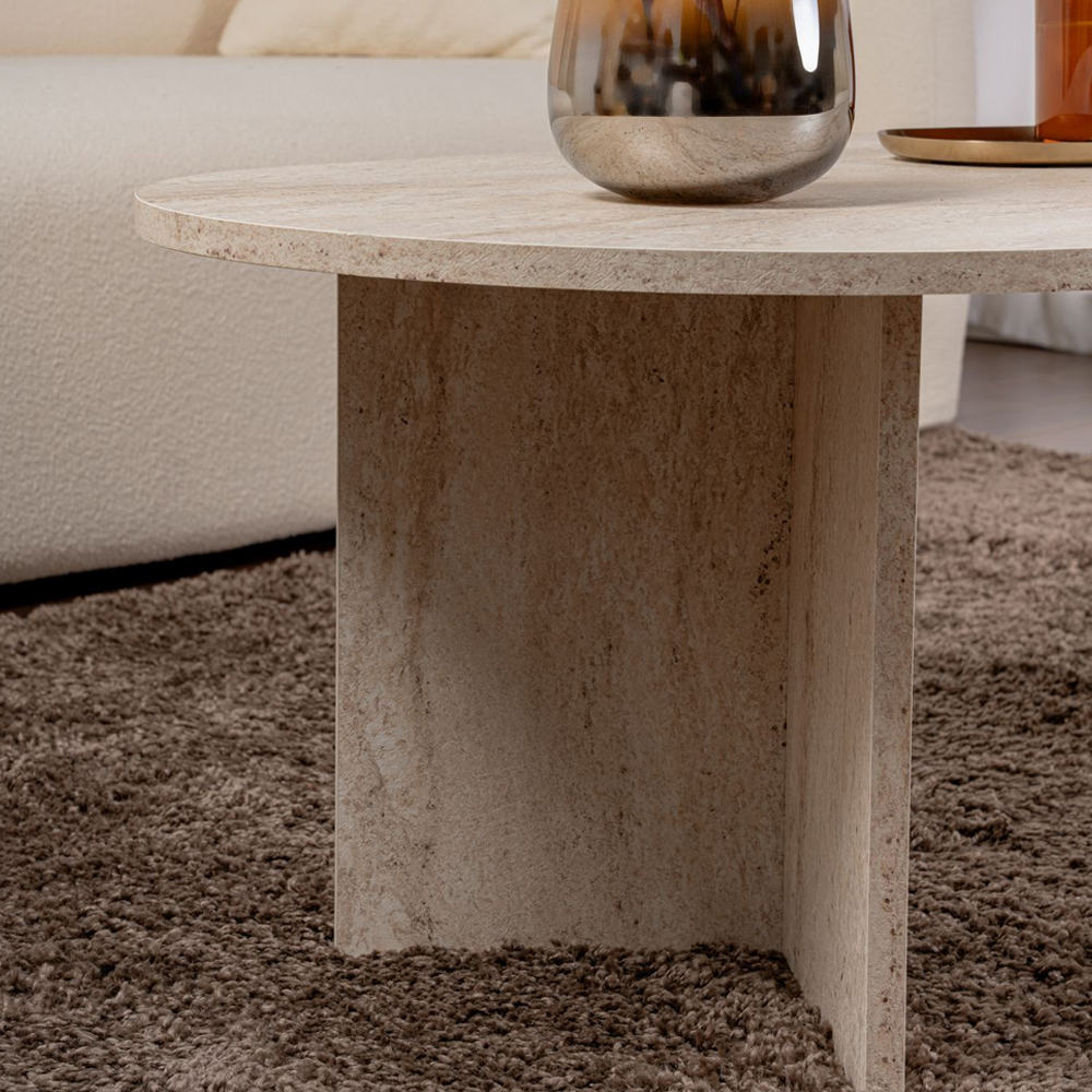 Savelio Oval Wooden Coffee Table in Travertine Marble Effect