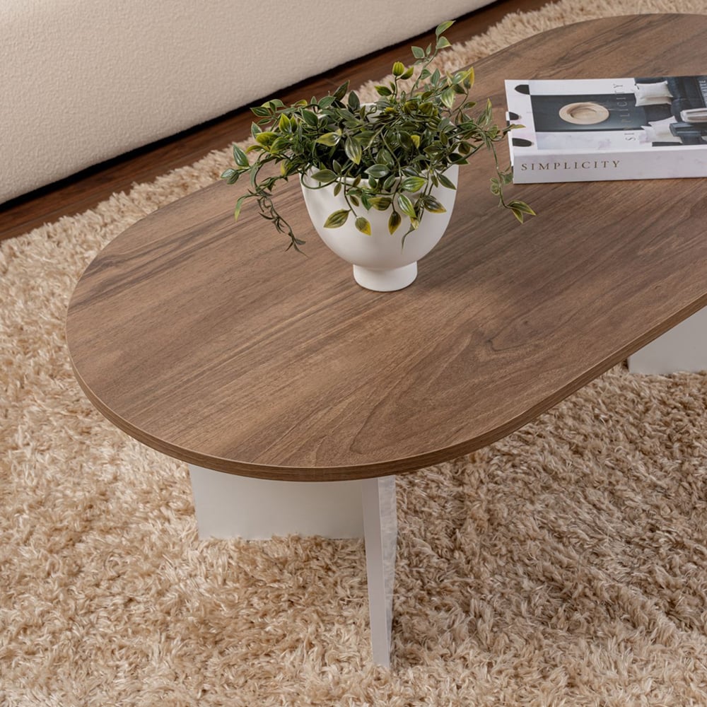Savelio Oval Wooden Coffee Table in Walnut and White