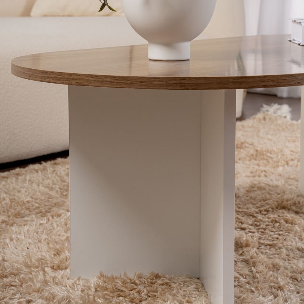 Savelio Oval Wooden Coffee Table in Walnut and White