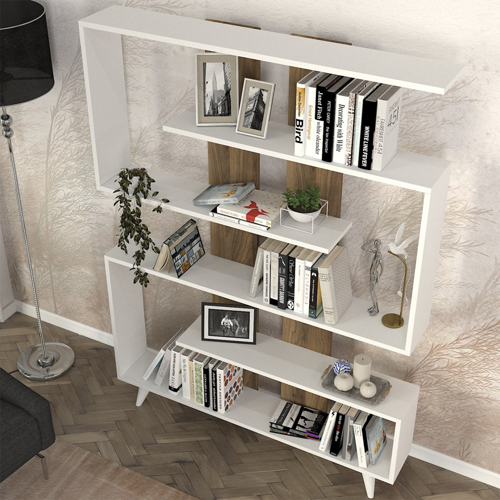 Savero Wooden Bookcase with 5 Shelves in White and Walnut