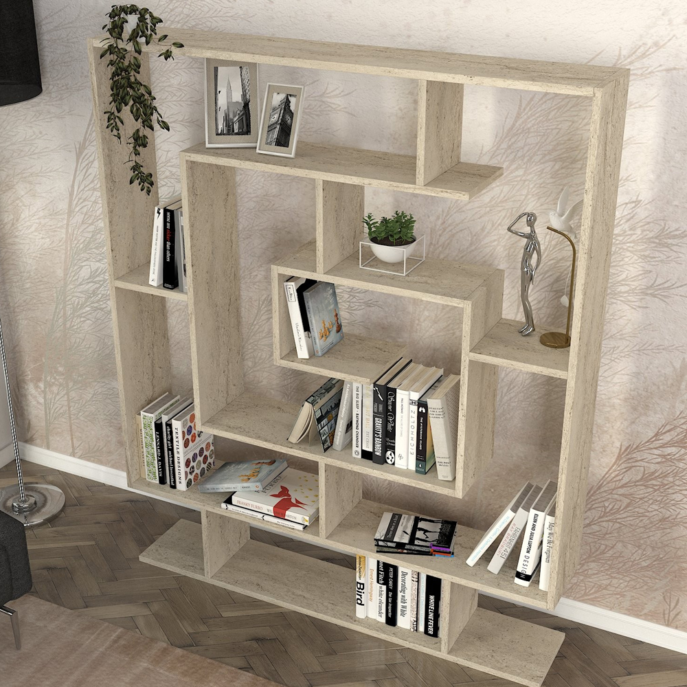 Savero Wooden Bookcase with 9 Shelves in Travertine Marble Effect