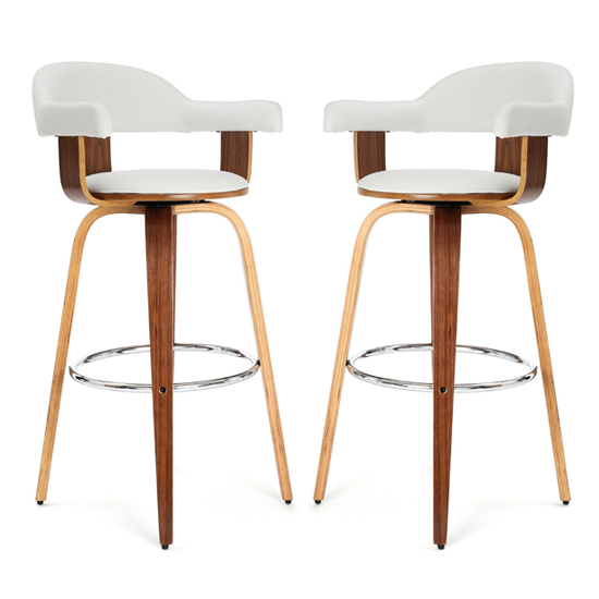 Savial White Leather Rotating Bar Chairs With Armrest In Pair