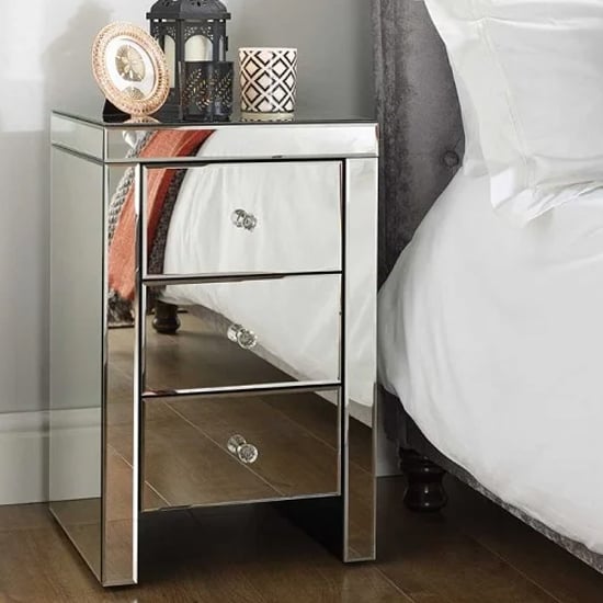 Product photograph of Saville Mirrored Bedside Cabinet With 3 Drawers In Silver from Furniture in Fashion