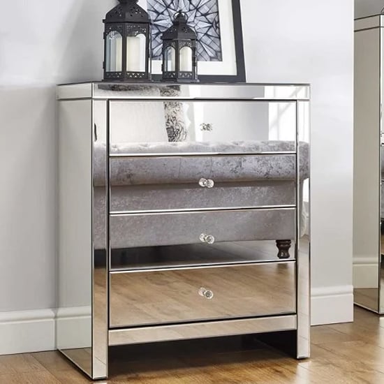 Product photograph of Saville Mirrored Chest Of 4 Drawers In Silver from Furniture in Fashion