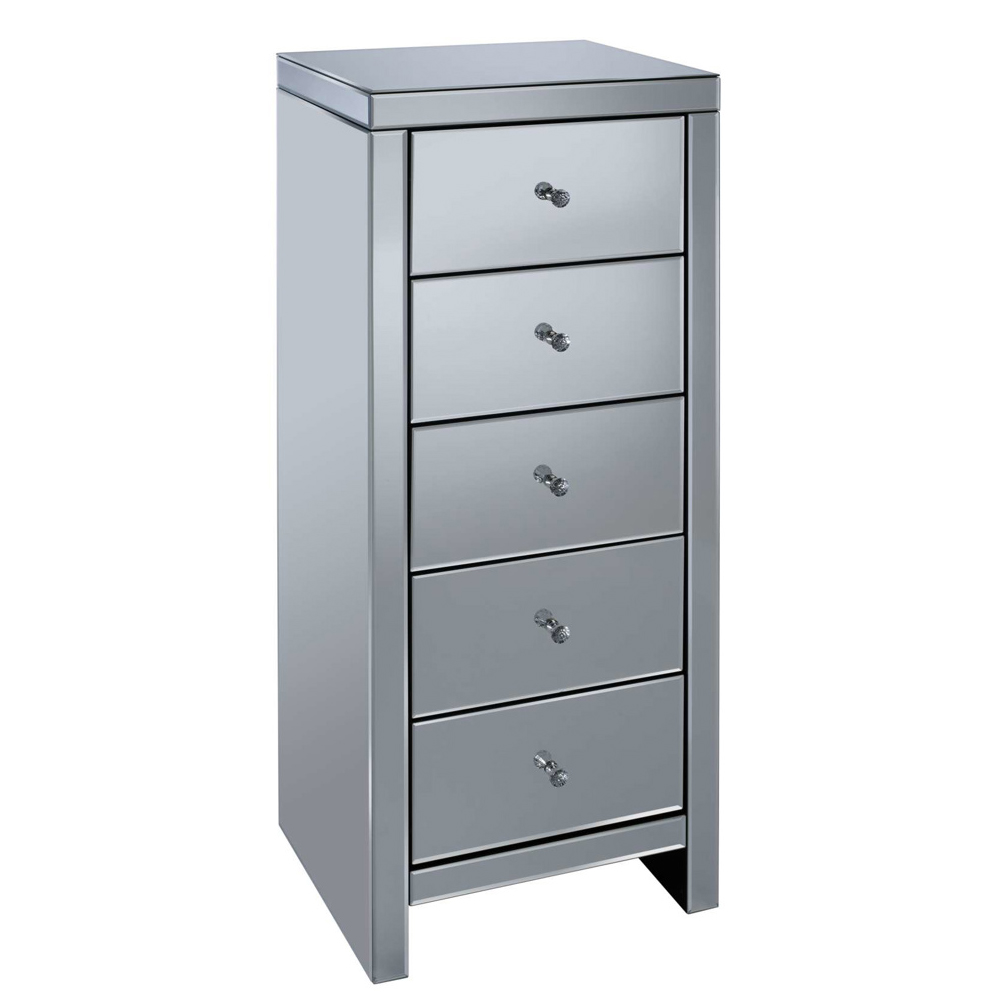 Saville Mirrored Chest Of 5 Drawers In Silver
