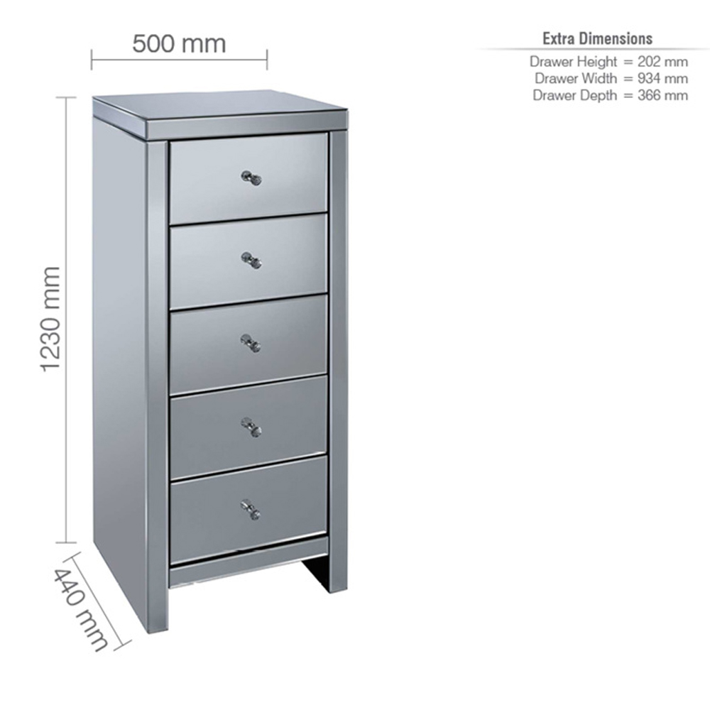 Saville Mirrored Chest Of 5 Drawers In Silver