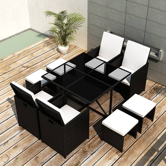 Product photograph of Savir Rattan Outdoor 8 Seater Dining Set With Cushion In Black from Furniture in Fashion