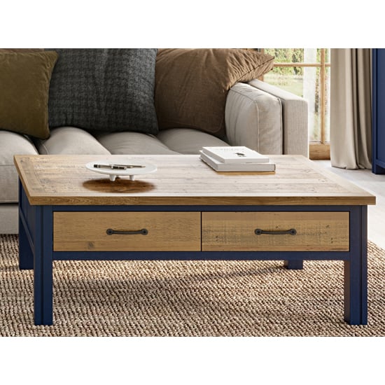 Read more about Savona wooden coffee table with 4 drawers in oak and blue