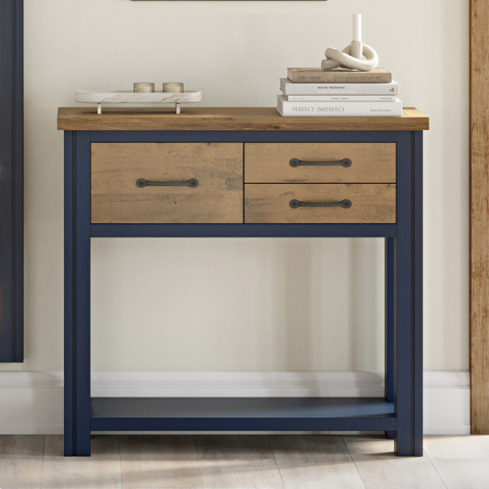 Read more about Savona wooden console table with 3 drawers in blue
