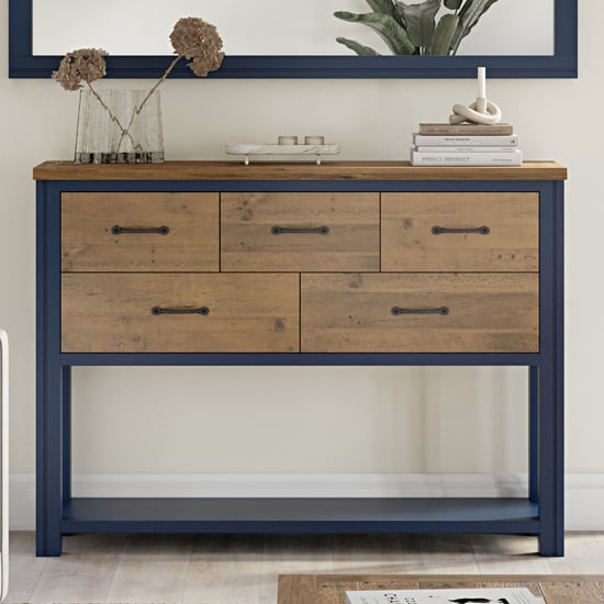 Savona Wooden Console Table With 5 Drawers In Blue