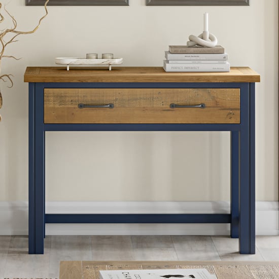 Product photograph of Savona Wooden Hidden Laptop Desk In Oak And Blue from Furniture in Fashion