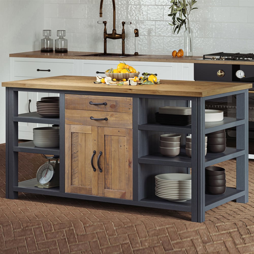 Savona Wooden Kitchen Island With 2 Doors 2 Drawers In Blue Oak