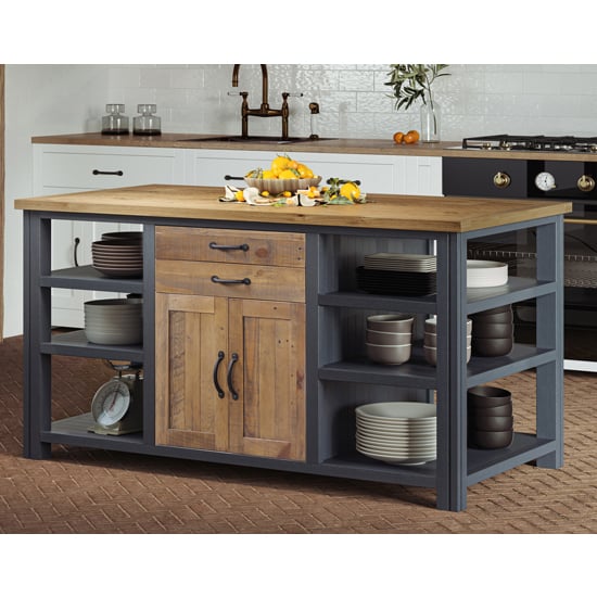 Read more about Savona wooden kitchen island with 2 doors 2 drawers in blue